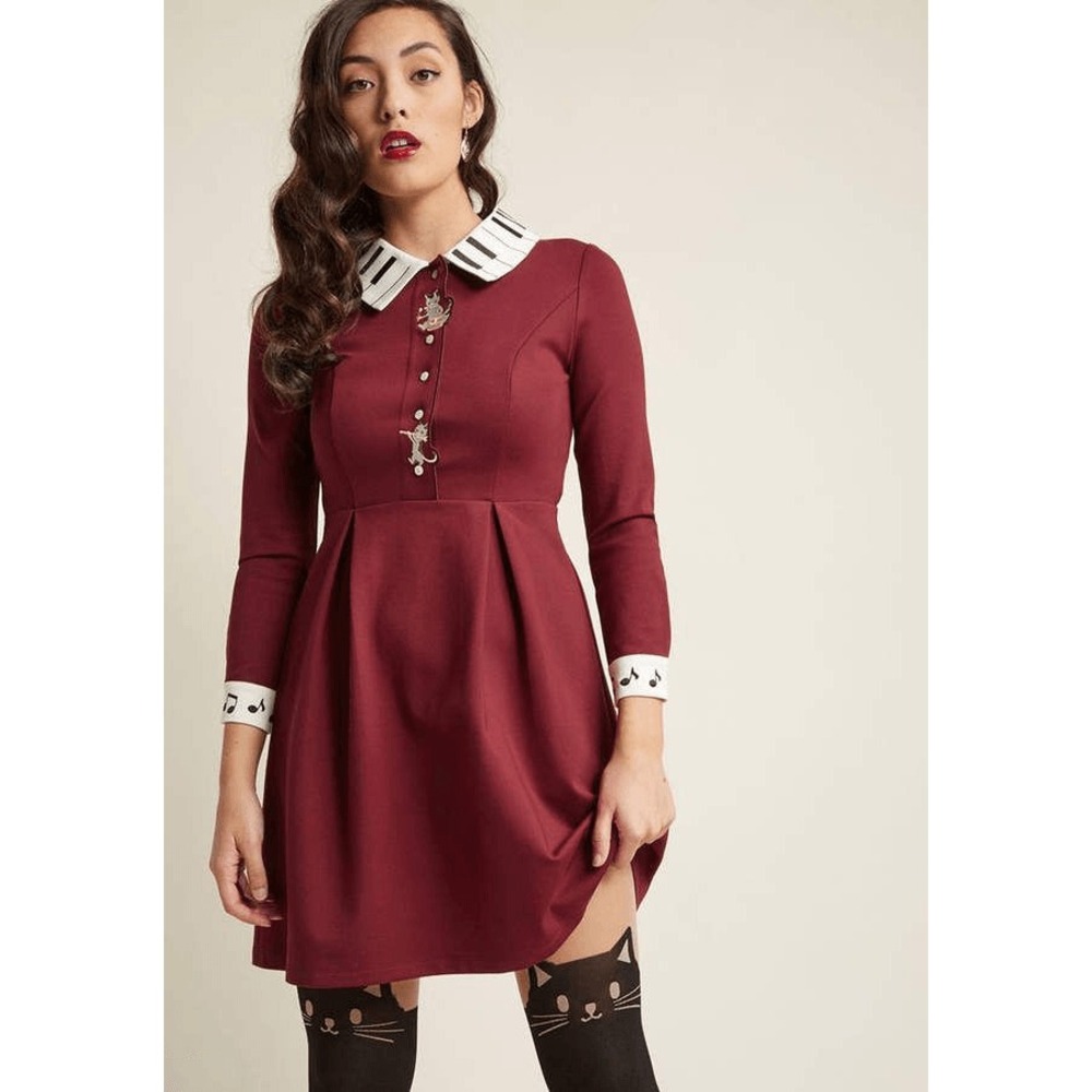 Miss Patina Musical Ma'am Piano Cat Music Note Burgundy Long Sleeve Dress Small